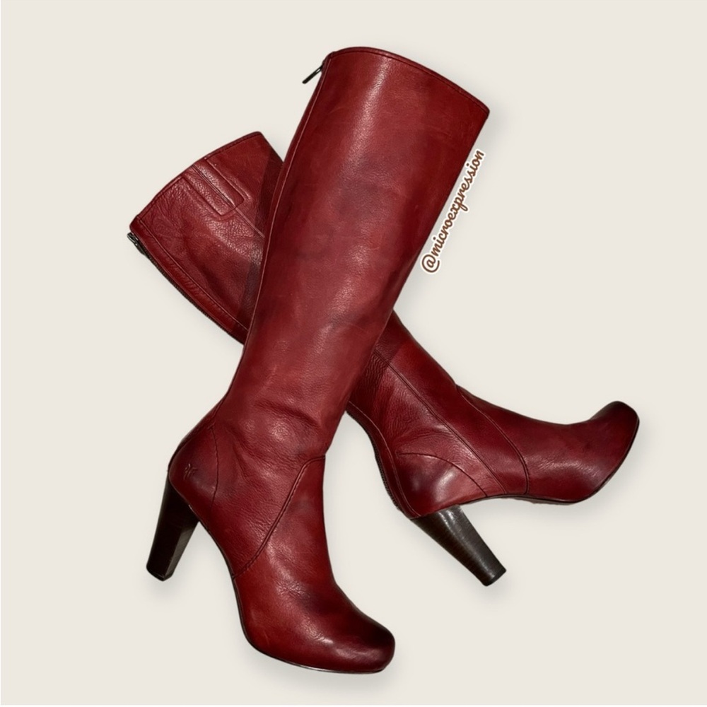 $399 Frye Marissa Red Burgundy Leather Back Zip Heeled Winter Fall KneeHigh Boot